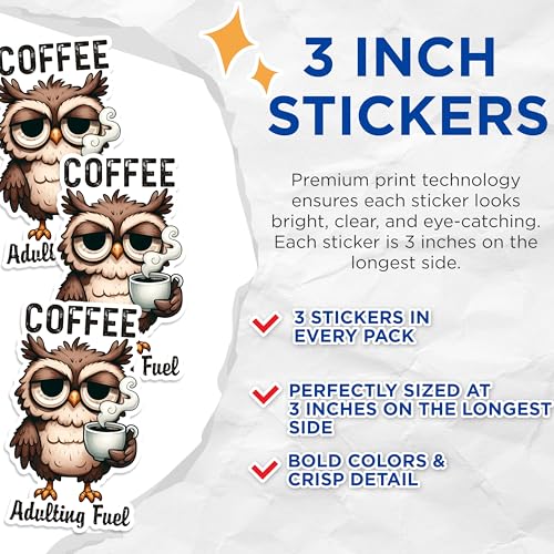 (3 Pack) Owl Coffee Decals - Adulting Fuel Stickers - Laptop Decal - 3 Inches On Longest Side - Easy Peel & Apply - Made in USA - 3MCS1592