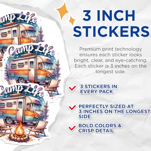 (3 Pack) Camp Life Decals - Camper Decal - Camping Decals- 3 Inches On Longest Side - Easy Peel & Apply - Made in USA - 3MCS5441
