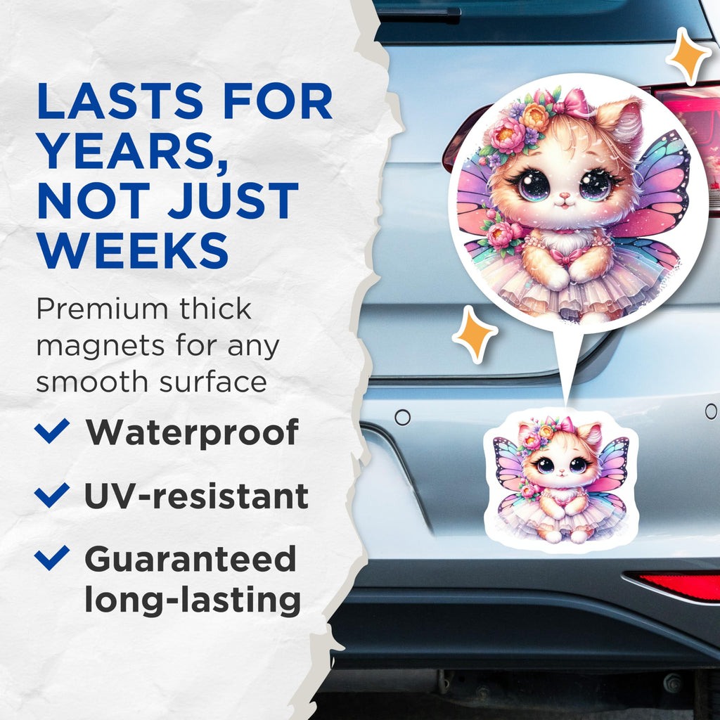 (2 Pack) Adorable Fairy Cat Magnets - Kawaii Butterfly Kitten Decor - Sweet Whimsical Princess Animal Refrigerator Accessory - 5 Inches On Longest Side - Thick Durable Magnet - Made in USA - MAG20363