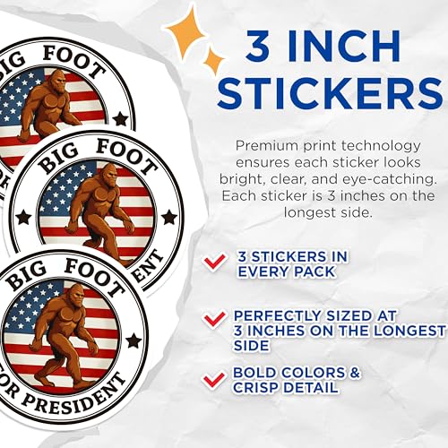 (3 Pack) Bigfoot Decals - for President - American Flag - 3 Inches On Longest Side - Easy Peel & Apply - Made in USA - 3MCS8104