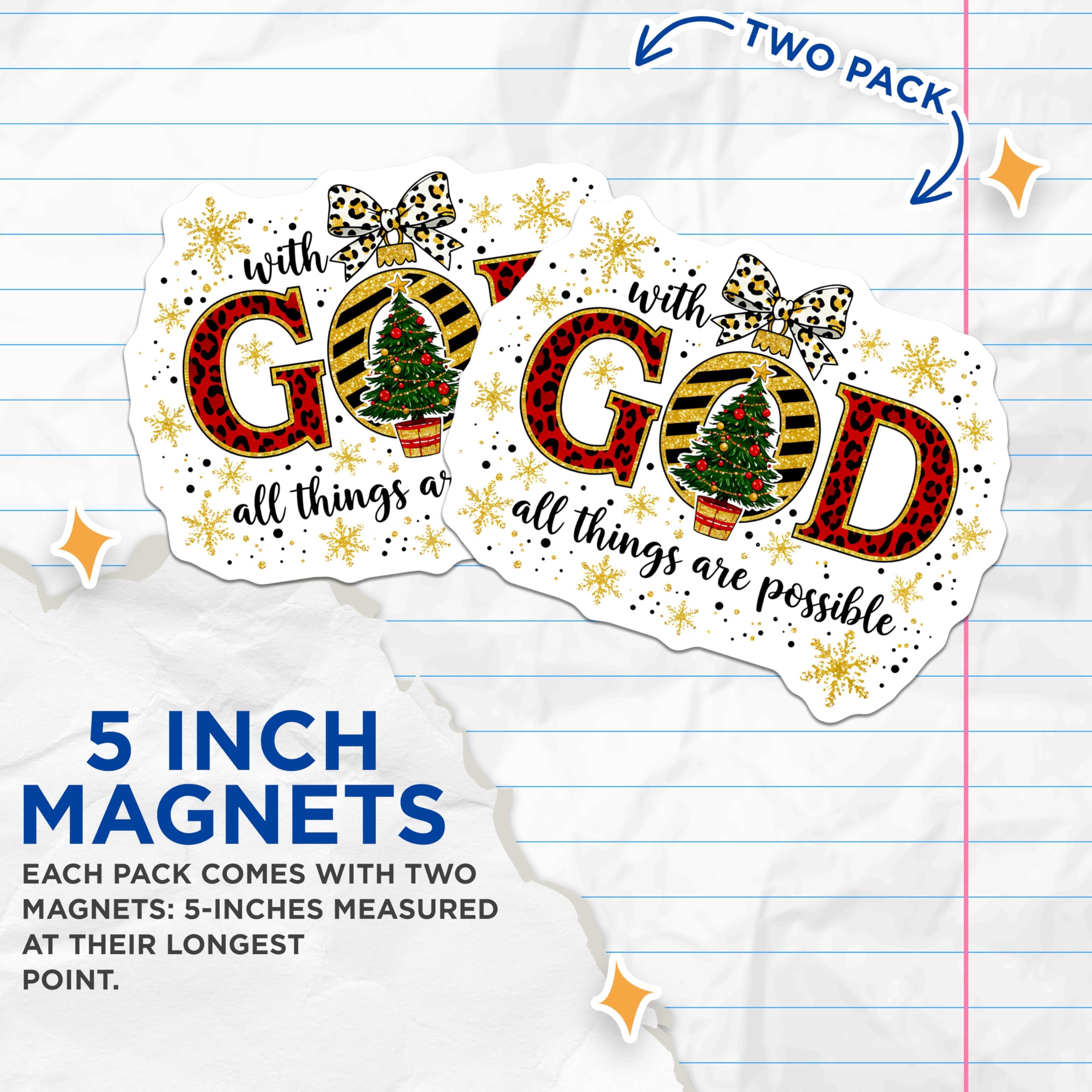 (2 Pack) with God All Things are Possible Magnets - Christian Scripture Decor - Leopard Christmas Holiday - 5 Inches On Longest Side - Thick Durable Magnet - Made in USA - MAG26201