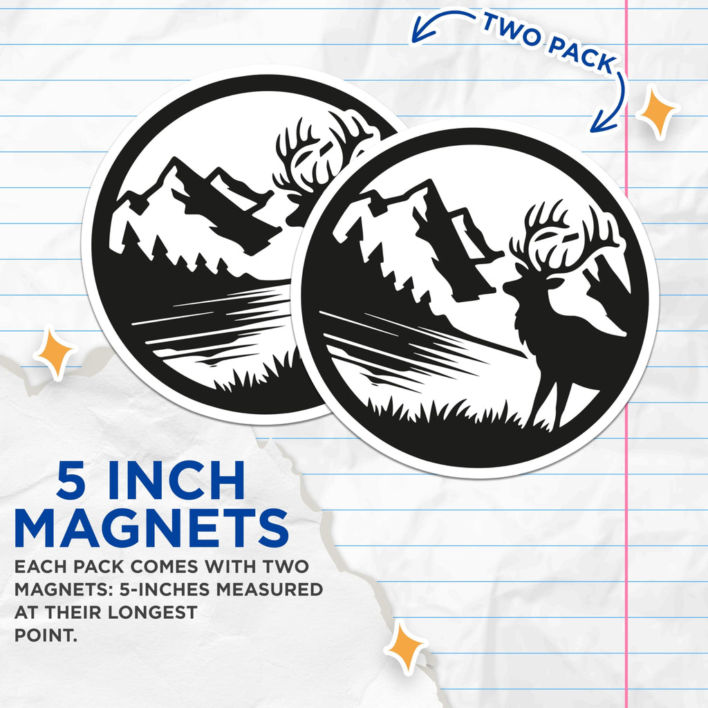 (2 Pack) Majestic Elk Magnets - Mountain Lake Wilderness Scene - Forest Wildlife Refrigerator Decals Cabin Lodge Decor - 5 Inches On Longest Side - Thick Durable Magnet - Made in USA - MAG23031
