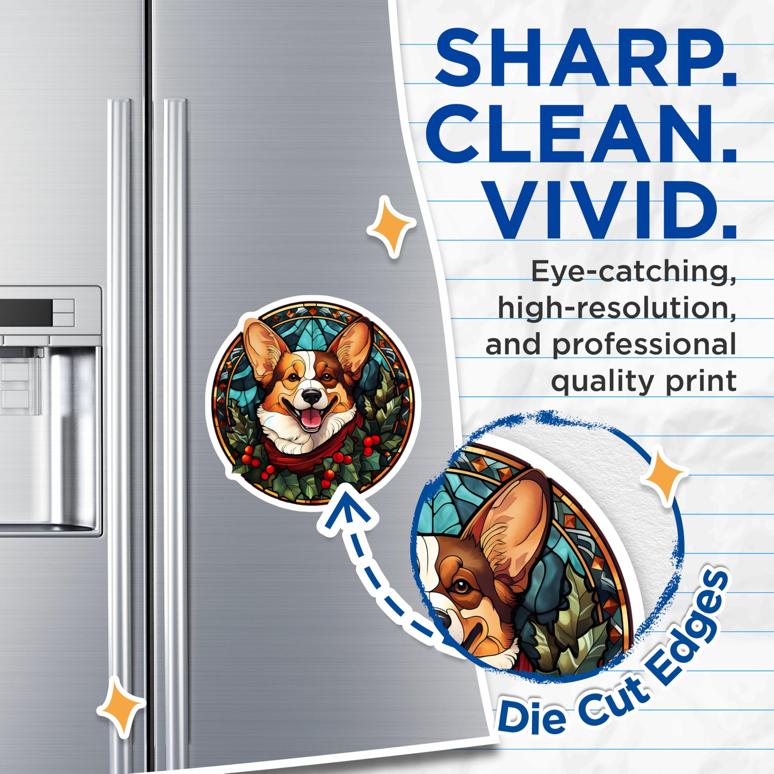 (2 Pack) Corgi Dog Magnets - Stained Glass Christmas Art - Festive Pet Home Decor - Happy Winter Holiday Animal Lover - 5 Inches On Longest Side - Thick Durable Magnet - Made in USA - MAG24371