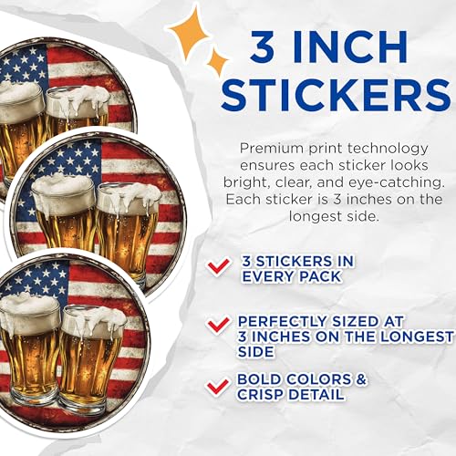 (3 Pack) American Beer Decals - USA Flag Drinks - Patriotic Party - 3 Inches On Longest Side - Easy Peel & Apply - Made in USA - 3MCS8200