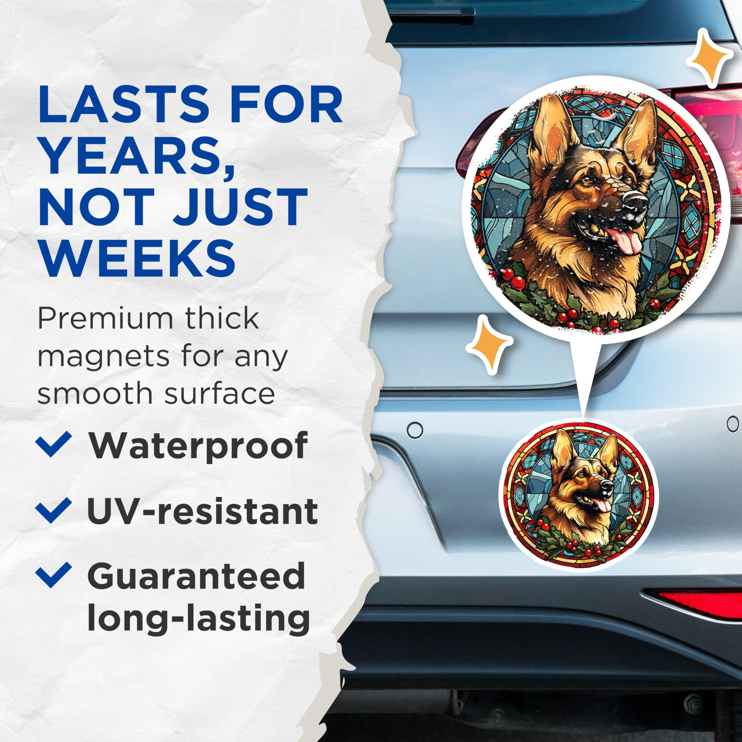 (2 Pack) German Shepherd Christmas Magnets - Stained Glass Dog Art - Holiday Pet Decor for Fridge - 5 Inches On Longest Side - Thick Durable Magnet - Made in USA - MAG30110