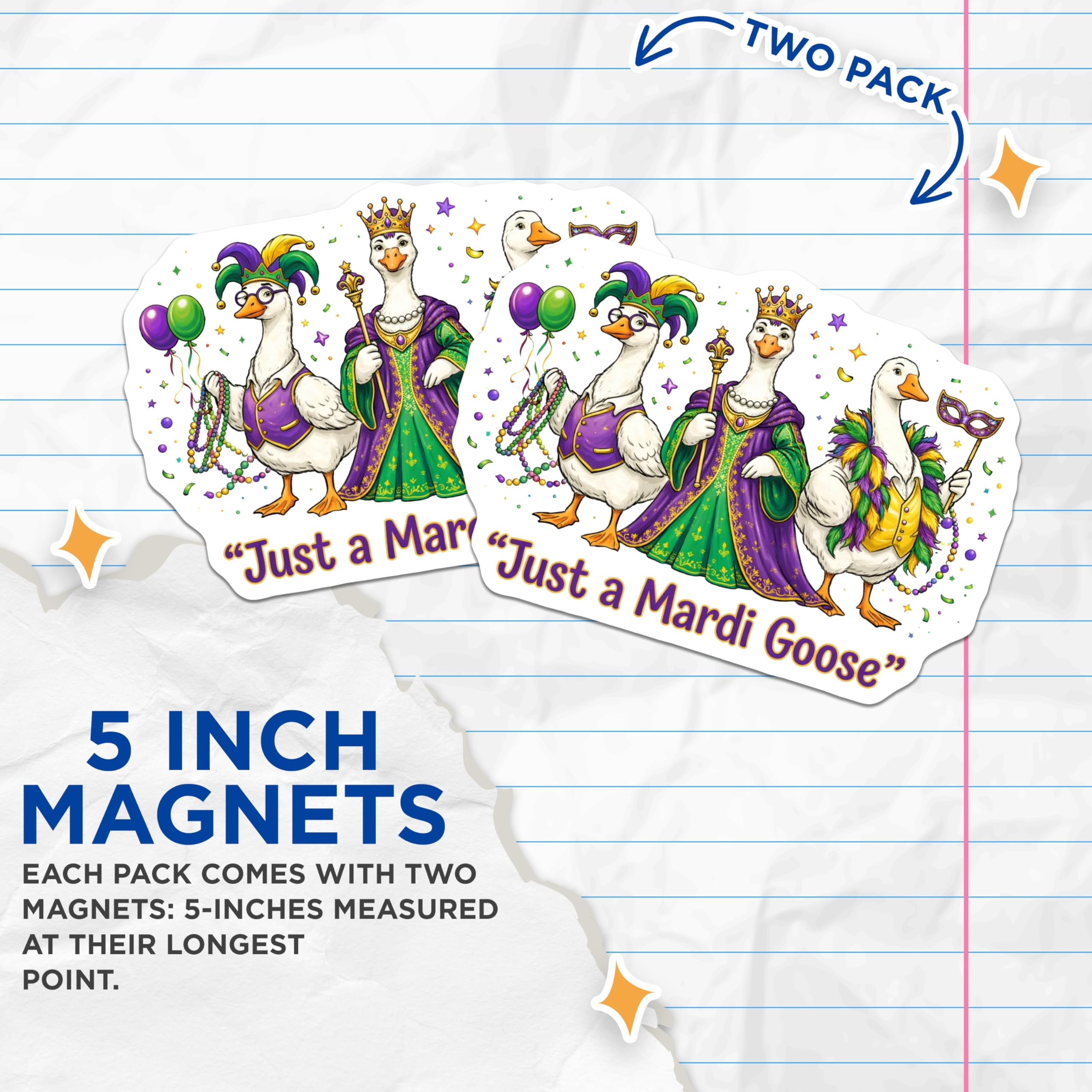 (2 Pack) Mardi Gras Geese Magnets - Funny Goose Memes - Party Decoration Fridge Magnets - 5" On Longest Side - Premium Magnet - for Cars, Refrigerators, Toolboxes, Lockers - Made in USA - MAG16633
