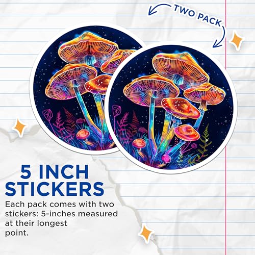 (2 Pack) Psychedelic Mushroom Stickers - Glow in The Dark Fungi - Vibrant Colorful Art Decal - 5" On Longest Side - Sticks to Smooth Flat Surfaces - Made in USA - BMCS6776