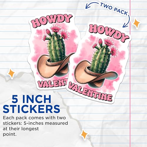 (2 Pack) Howdy Valentine Stickers - Cactus Love Stickers - Funny Valentine's Day Stickers - 5" On Longest Side - Sticks to Any Smooth Flat Surface - Made in USA - BMCS3144