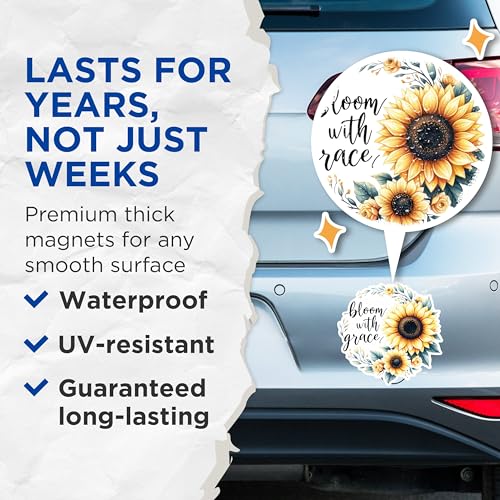 (2 Pack) Bloom with Grace Magnets - Inspirational Floral Magnets - Sunflower Art Magnets for Home- 5" On Longest Side - for Fridges, Toolboxes, Cars - Made in USA - MAG2901