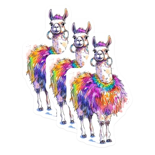 (3 Pack) Colorful Llama Decals - Funny Animal Stickers - Watercolor Alpaca Laptop Decal - 3 Inches On Longest Side - Easy Peel & Apply - Made in USA - 3MCS8257