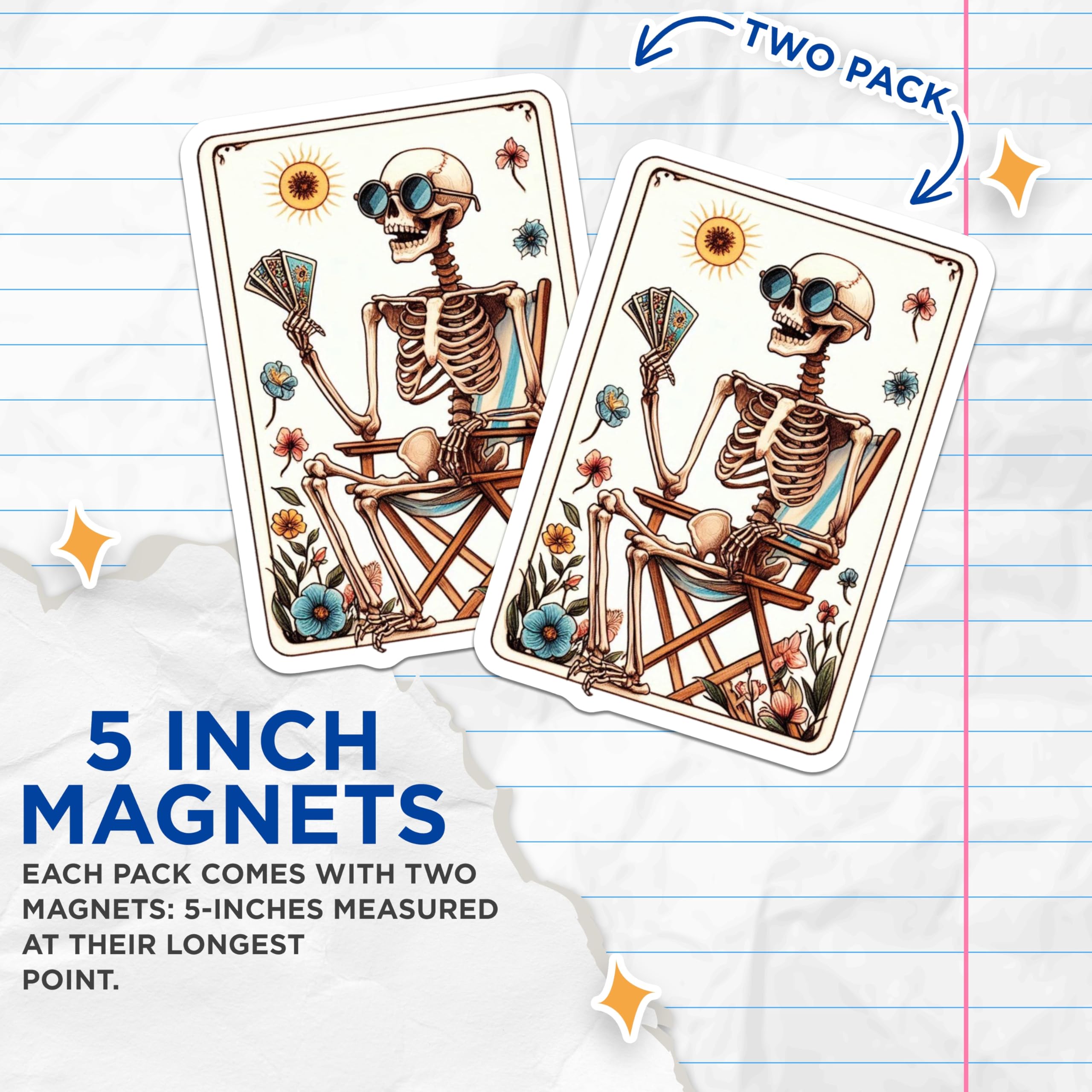 (2 Pack) Skeleton Magnets - Beach Chair Skeleton - Summer Sun Fun - Playing Card Art - Relaxed Unique Decor - 5 Inches On Longest Side - Thick Durable Magnet - Made in USA - MAG22190