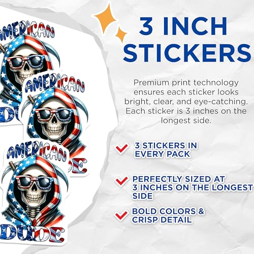 (3 Pack) American Dude Decals - Patriotic Skull - Grim Reaper Decals - 3 Inches On Longest Side - Easy Peel & Apply - Made in USA - 3MCS6683