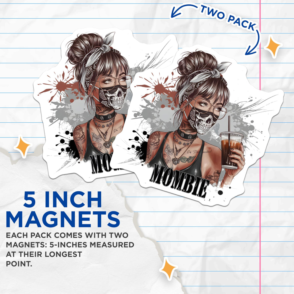 (2 Pack) Mombie Skull Mask Magnets - Messy Bun Glasses Coffee Mama - Tattooed Woman Grunge Refrigerator Art Decor - 5 Inches On Longest Side - Thick Durable Magnet - Made in USA - MAG23040