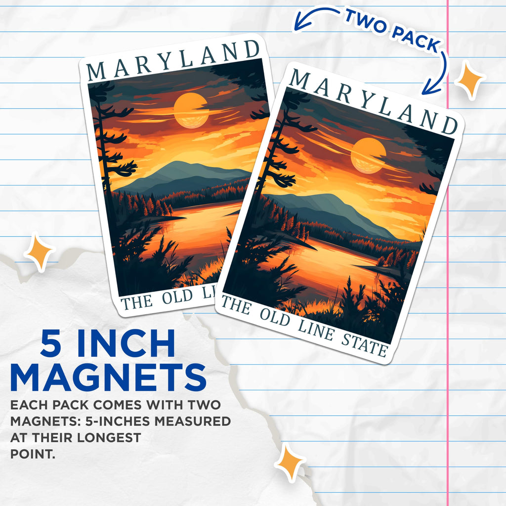 (2 Pack) Maryland Magnets - The Old Line State - Sunset Lake Scene Fridge Magnets - 5" On Longest Side - Premium Magnet - for Cars, Refrigerators, Toolboxes, Lockers - Made in USA - MAG18492