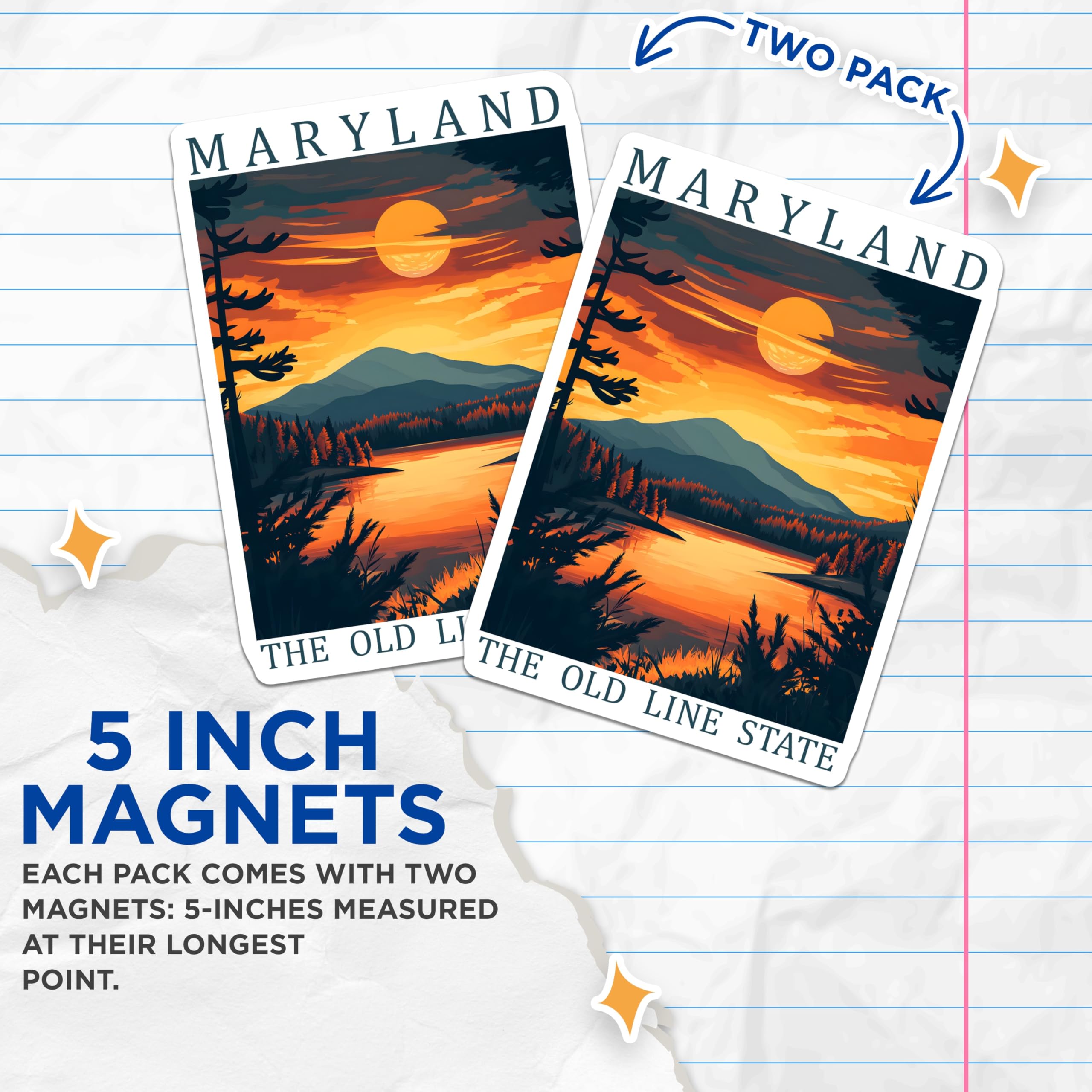 (2 Pack) Maryland Magnets - The Old Line State - Sunset Lake Scene Fridge Magnets - 5" On Longest Side - Premium Magnet - for Cars, Refrigerators, Toolboxes, Lockers - Made in USA - MAG18492