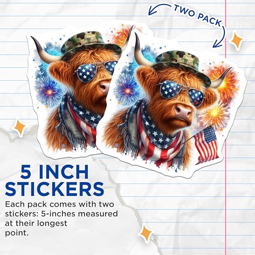 (2 Pack) Patriotic Highland Cow Stickers - American Flag Sunglasses - Cute Animal Fireworks Art - 5" On Longest Side - Sticks to Smooth Flat Surfaces - Made in USA - BMCS6366