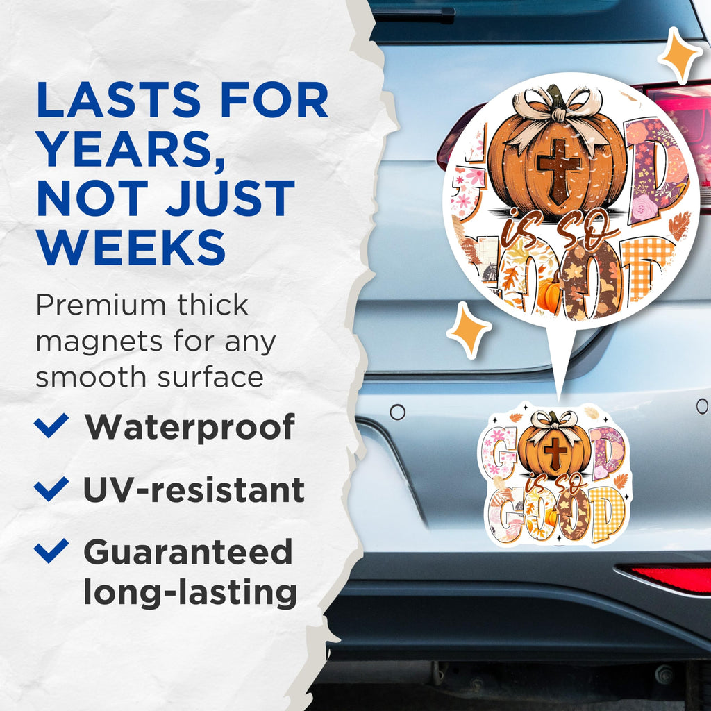 (2 Pack) God is So Good Magnets - Christian Pumpkin Autumn Decor - Faith Based Thanksgiving Refrigerator Decor - 5 Inches On Longest Side - Thick Durable Magnet - Made in USA - MAG27806