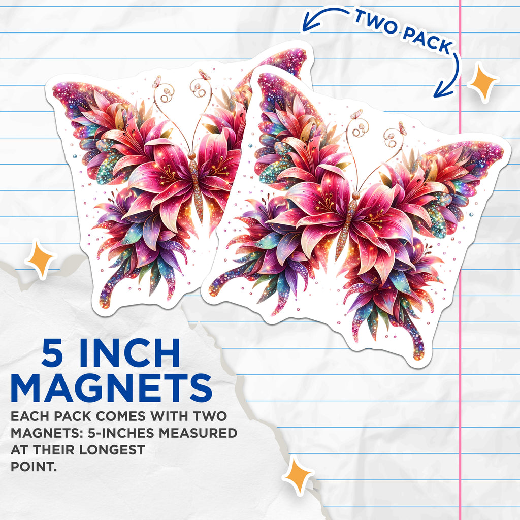 (2 Pack) Whimsical Butterfly Magnets - Sparkling Flower Art - Enchanted Garden Decor - 5 Inches On Longest Side - Thick Durable Magnet - Made in USA - MAG39777