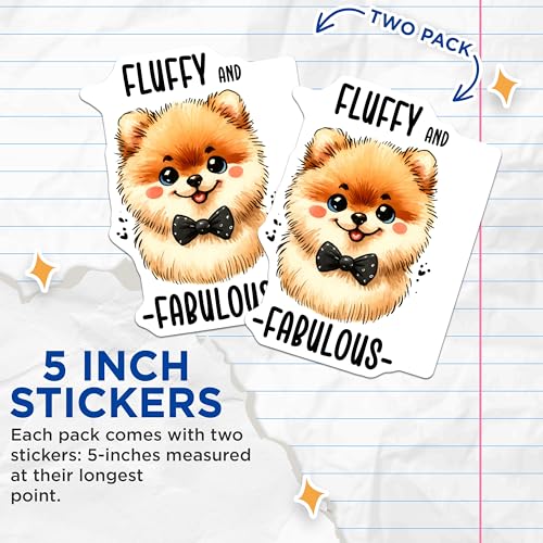 (2 Pack) Fluffy and Fabulous Pomeranian Stickers - Cute Dog Stickers - Adorable Pomeranian Art - 5" On Longest Side - Sticks to Smooth Flat Surfaces - Made in USA - BMCS3621