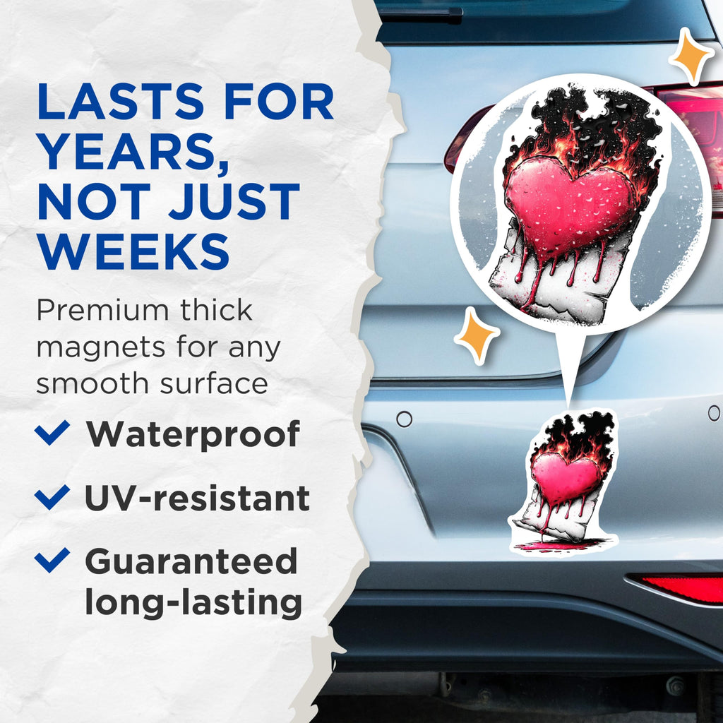 (2 Pack) Burning Heart Magnets - Bleeding Love Art - Passionate Gothic Aesthetic - Emotional Flame Refrigerator Decor - 5 Inches On Longest Side - Thick Durable Magnet - Made in USA - MAG22254