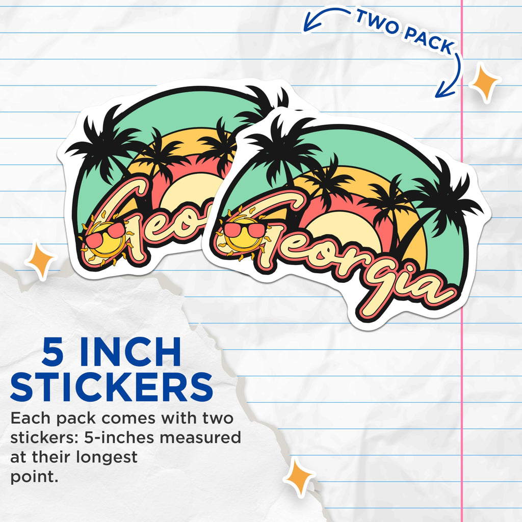 (2 Pack) Georgia Stickers - Tropical Palm Tree - Retro State Pride - 5" On Longest Side - Sticks to Smooth Flat Surfaces - Made in USA - BMCS18886