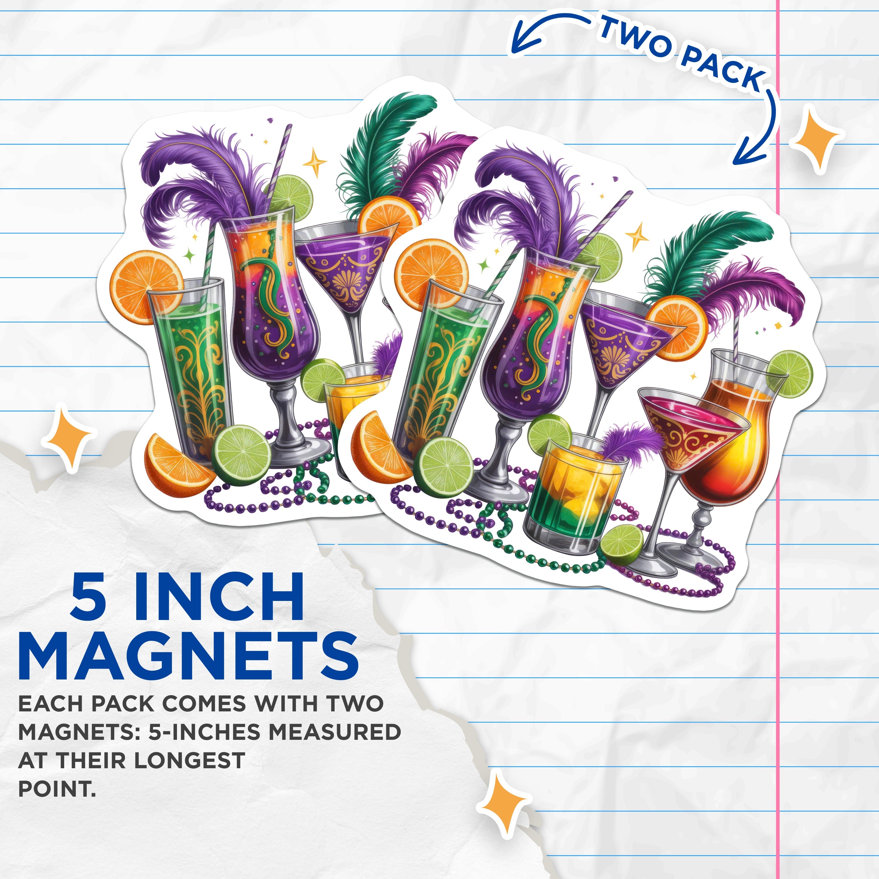 (2 Pack) Mardi Gras Cocktails Magnets - Festive Drinks Decor - New Orleans Party Supplies - Bar Cart Accessories - 5 Inches On Longest Side - Thick Durable Magnet - Made in USA - MAG38069