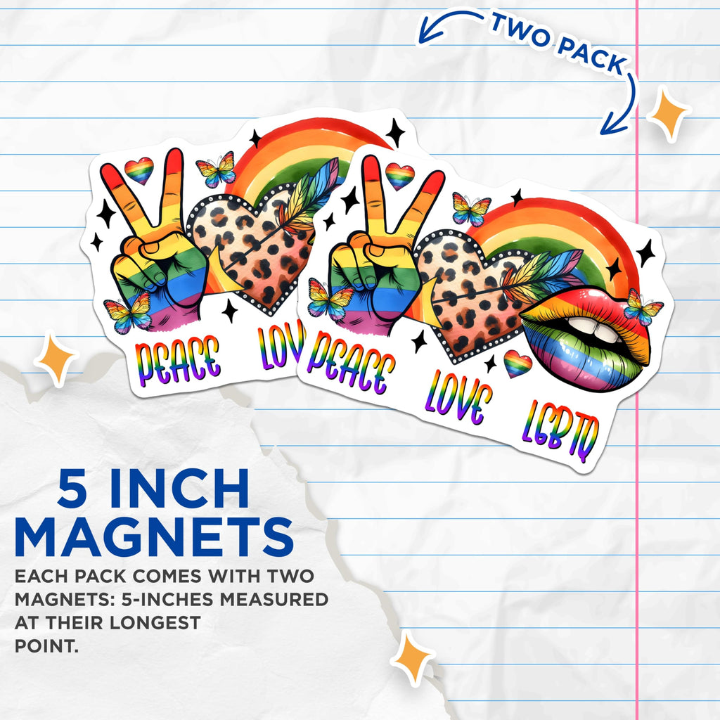 (2 Pack) LGBTQ Pride Magnets - Rainbow Peace Love - Pride Month Celebration - 5" On Longest Side - Premium Magnet - for Cars, Refrigerators, Toolboxes, Lockers - Made in USA - MAG16854