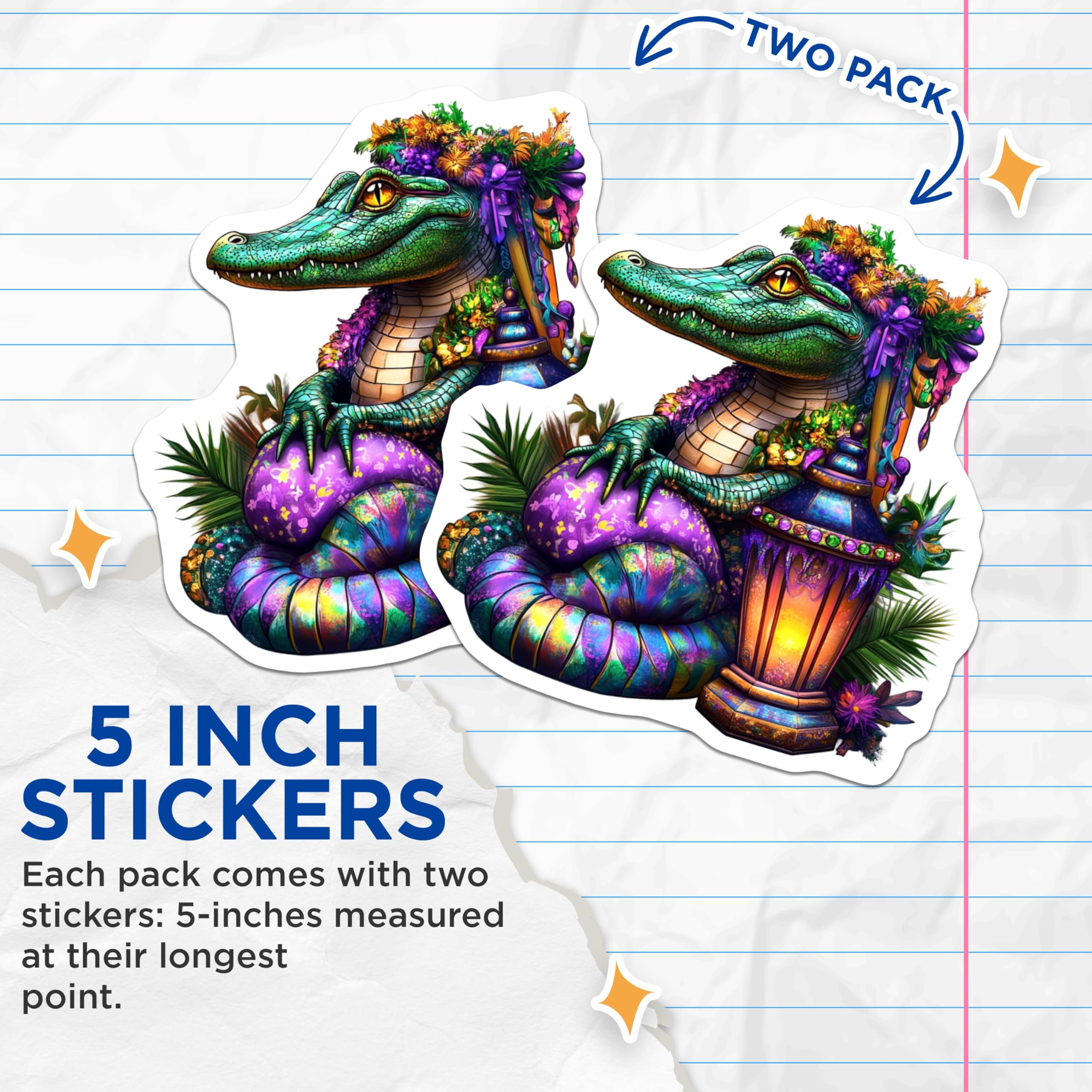 (2 Pack) Mardi Gras Alligator Stickers - Louisiana Gator - Carnival Celebration - 5" On Longest Side - Sticks to Smooth Flat Surfaces - Made in USA - BMCS14955