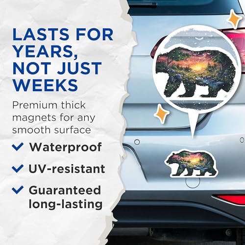 (2 Pack) Bear Silhouette Nature Scene Magnets - Forest Art - Wildlife Lover Gift - 5" On Longest Side - for Cars, Fridges, Toolboxes - Made in USA - MAG6988