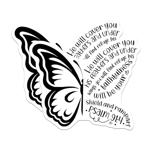 (2 Pack) Christian Butterfly Stickers - Psalm 91:4 Inspirational Stickers - Faith Quote Vinyl Stickers - 5" On Longest Side - Sticks to Smooth Flat Surfaces - Made in USA - BMCS3851