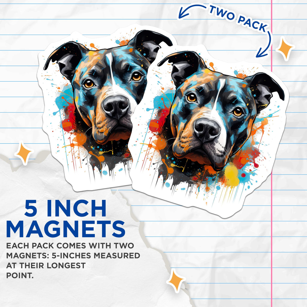 (2 Pack) Artistic Pitbull Dog Magnets - Vibrant Splatter Paint - Pet Lover Fridge Locker Decor - 5 Inches On Longest Side - Thick Durable Magnet - Made in USA - MAG25569