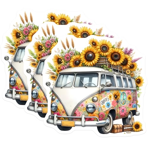 (3 Pack) Floral VW Bus Decals - Groovy Van Sticker - Sunflower Car Decals - 3 Inches On Longest Side - Easy Peel & Apply - Made in USA - 3MCS7621