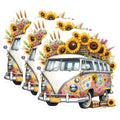 (3 Pack) Floral VW Bus Decals - Groovy Van Sticker - Sunflower Car Decals - 3 Inches On Longest Side - Easy Peel & Apply - Made in USA - 3MCS7621