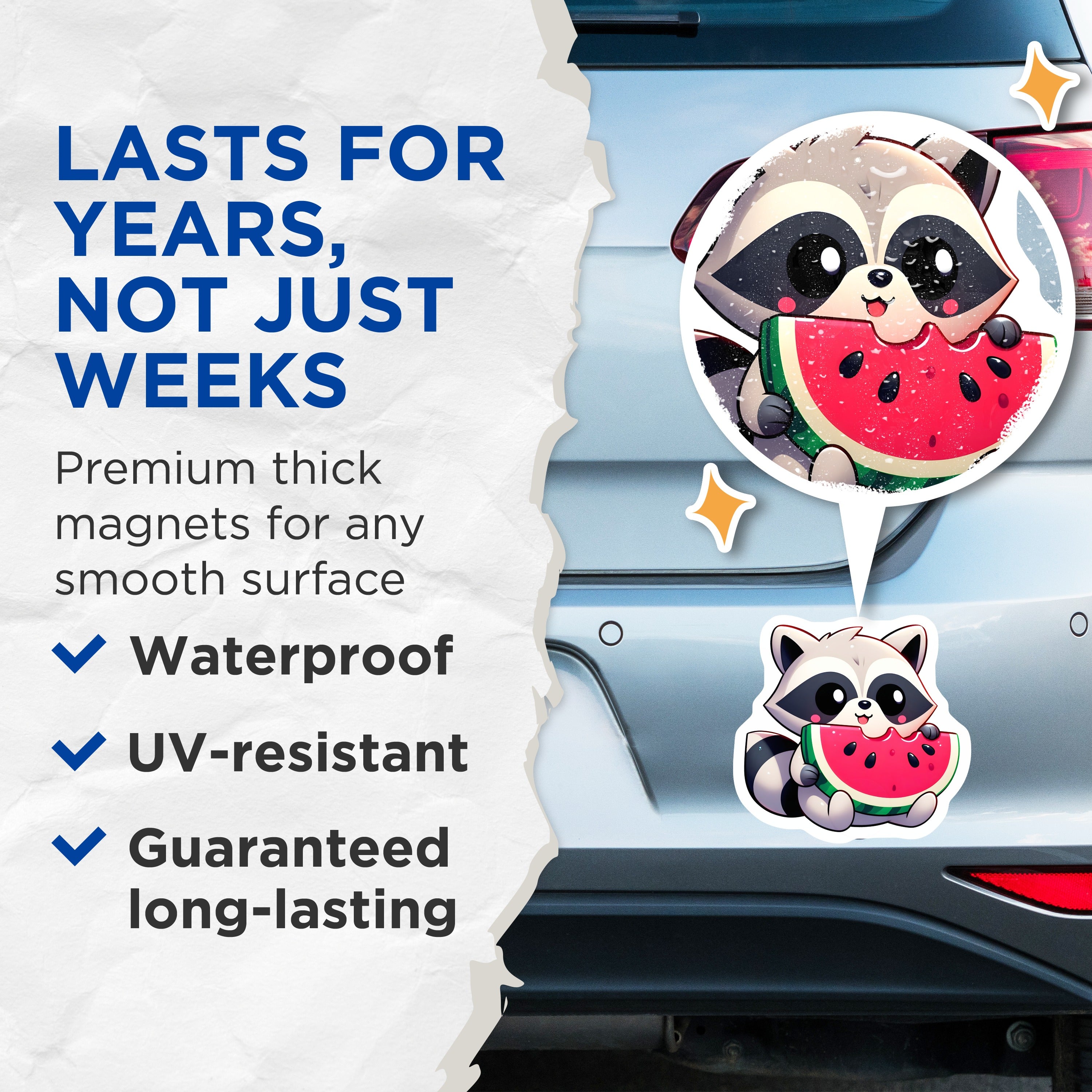 (2 Pack) Cute Raccoon Watermelon Magnets - Funny Animal Fridge Decor - Summer Kawaii Art for Kids Teens - 5 Inches On Longest Side - Thick Durable Magnet - Made in USA - MAG37608