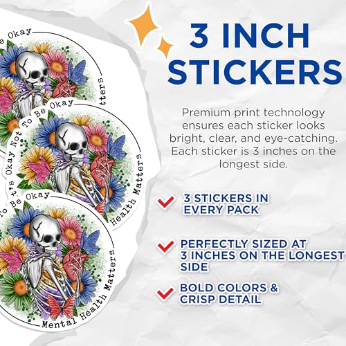 (3 Pack) Mental Health Matters Decals - Skeleton Floral Butterfly - Laptop Decals - 3 Inches On Longest Side - Easy Peel & Apply - Made in USA - 3MCS1789
