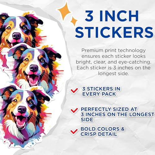 (3 Pack) Australian Shepherd Decals - Colorful Dog Breed - Laptop Decals - 3 Inches On Longest Side - Easy Peel & Apply - Made in USA - 3MCS0658