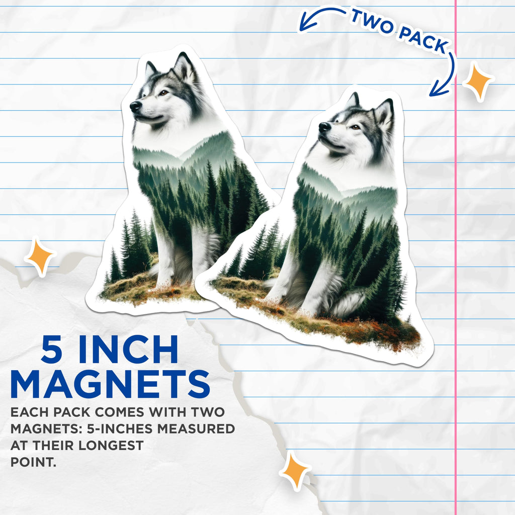 (2 Pack) Husky Dog Magnets - Mountain Forest Scenery - Unique Dog Lover Decor - 5" On Longest Side - Premium Magnet - for Cars, Refrigerators, Toolboxes, Lockers - Made in USA - MAG14228