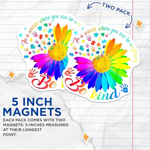 (2 Pack) Be Kind Magnets - Inspirational Quote Magnets - Rainbow Flower Magnets for Fridge - 5" On Longest Side - for Cars, Refrigerators, Toolboxes, Lockers - Made in USA BMCS3511