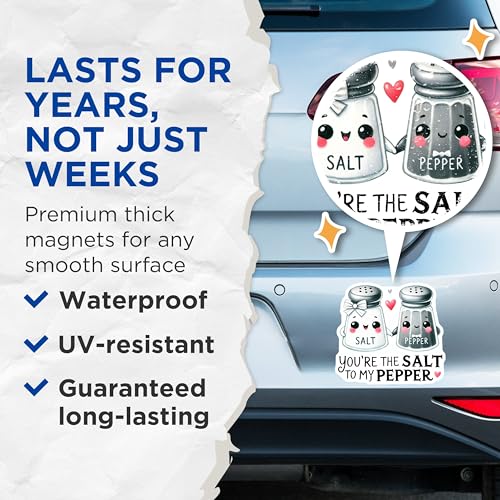 (2 Pack) Salt and Pepper Couple Magnets - Funny Kitchen Magnets - Cute Salt and Pepper Shakers - 5" On Longest Side - for Cars, Refrigerators, Toolboxes, Lockers - Made in USA MAG3559