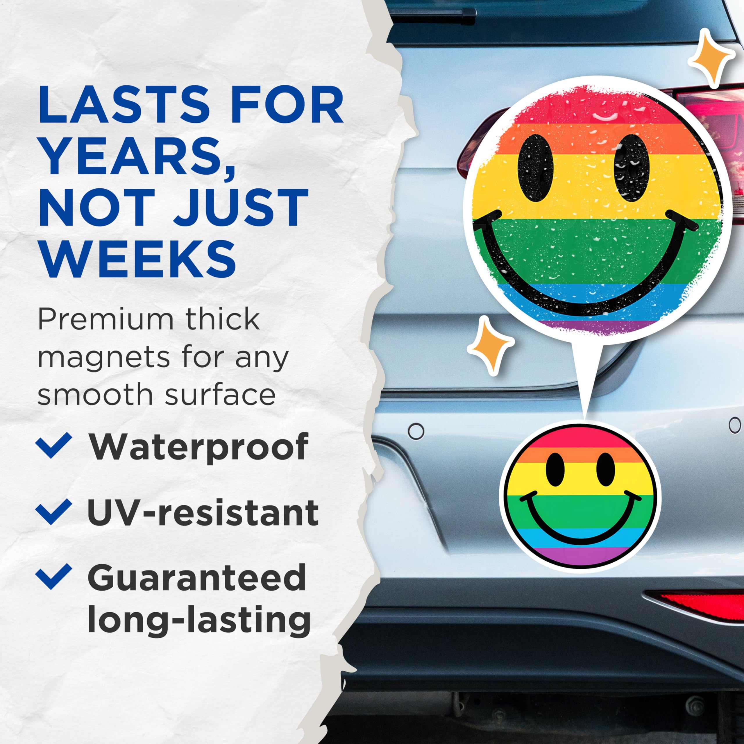 (2 Pack) Rainbow Smiley Face Magnets - Colorful Happy Face - Bright Kitchen - 5" On Longest Side - for Cars, Fridges, Toolboxes - Made in USA - MAG3902
