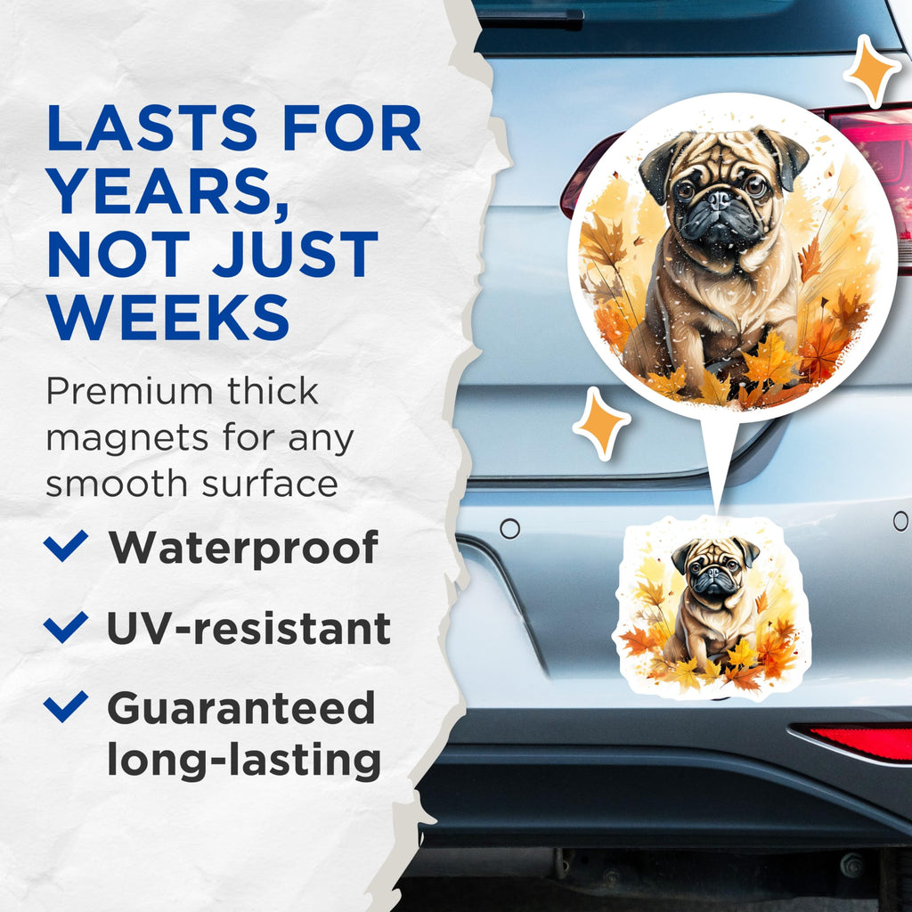 (2 Pack) Pug Dog Magnets - Autumn Leaves Decor - Fall Pet Lover Magnets - 5 Inches On Longest Side - Thick Durable Magnet - Made in USA - MAG29316