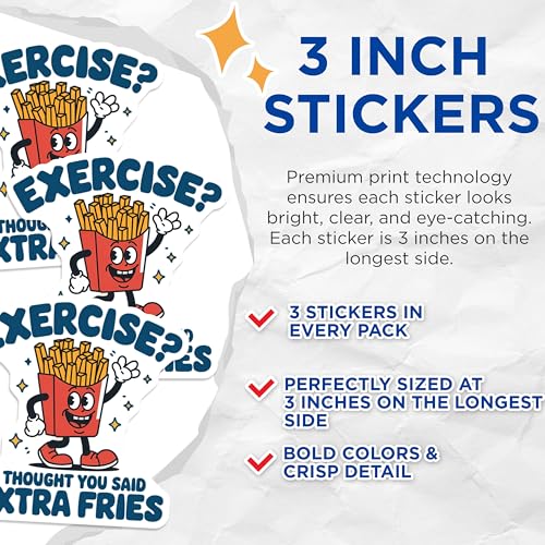 (3 Pack) Extra Fries Decals - Funny Foodie - Sarcastic Decal - 3 Inches On Longest Side - Easy Peel & Apply - Made in USA - 3MCS8360