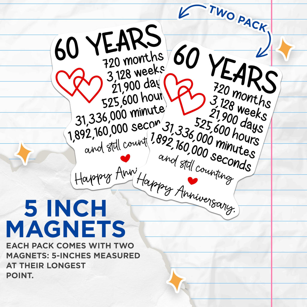 (2 Pack) 60th Anniversary Magnets - Happy Anniversary Decoration - 60 Years Celebration Souvenir- 5" On Longest Side - Sticks to Smooth Flat Surfaces - Made in USA - MAG11721