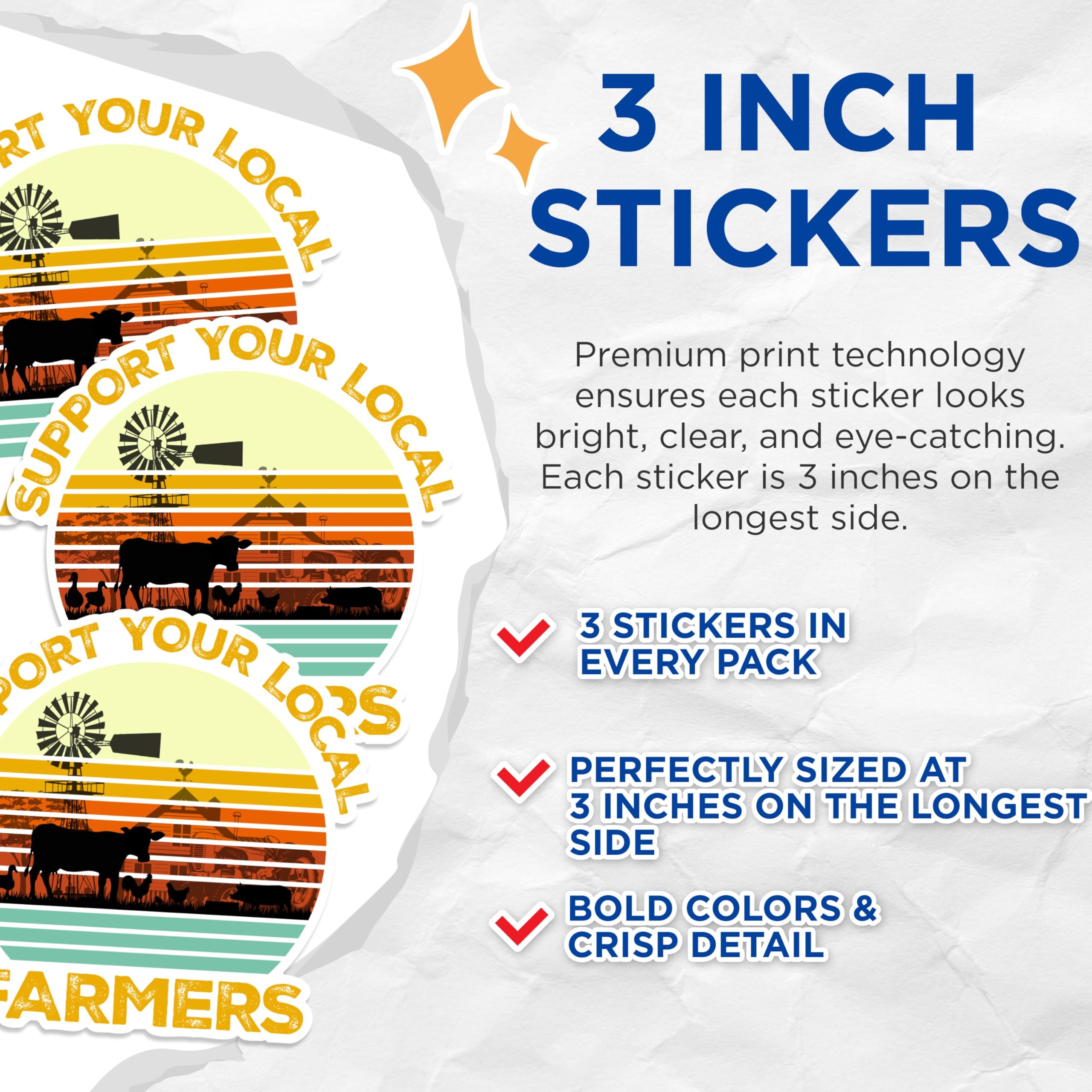 (3 Pack) Support Local Farmers Decals - Farm Animals Decal - Agriculture Decal - 3 Inches On Longest Side - Easy Peel & Apply - Made in USA - 3MCS1395