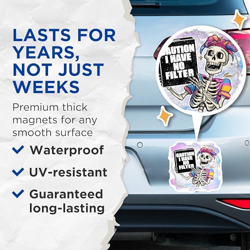 (2 Pack) Caution No Filter Skeleton Magnets - Funny Skeleton - Skeleton Printed Magnets for Fridge - 5" On Longest Side - for Cars, Fridges, Toolboxes - Made in USA - MAG4406