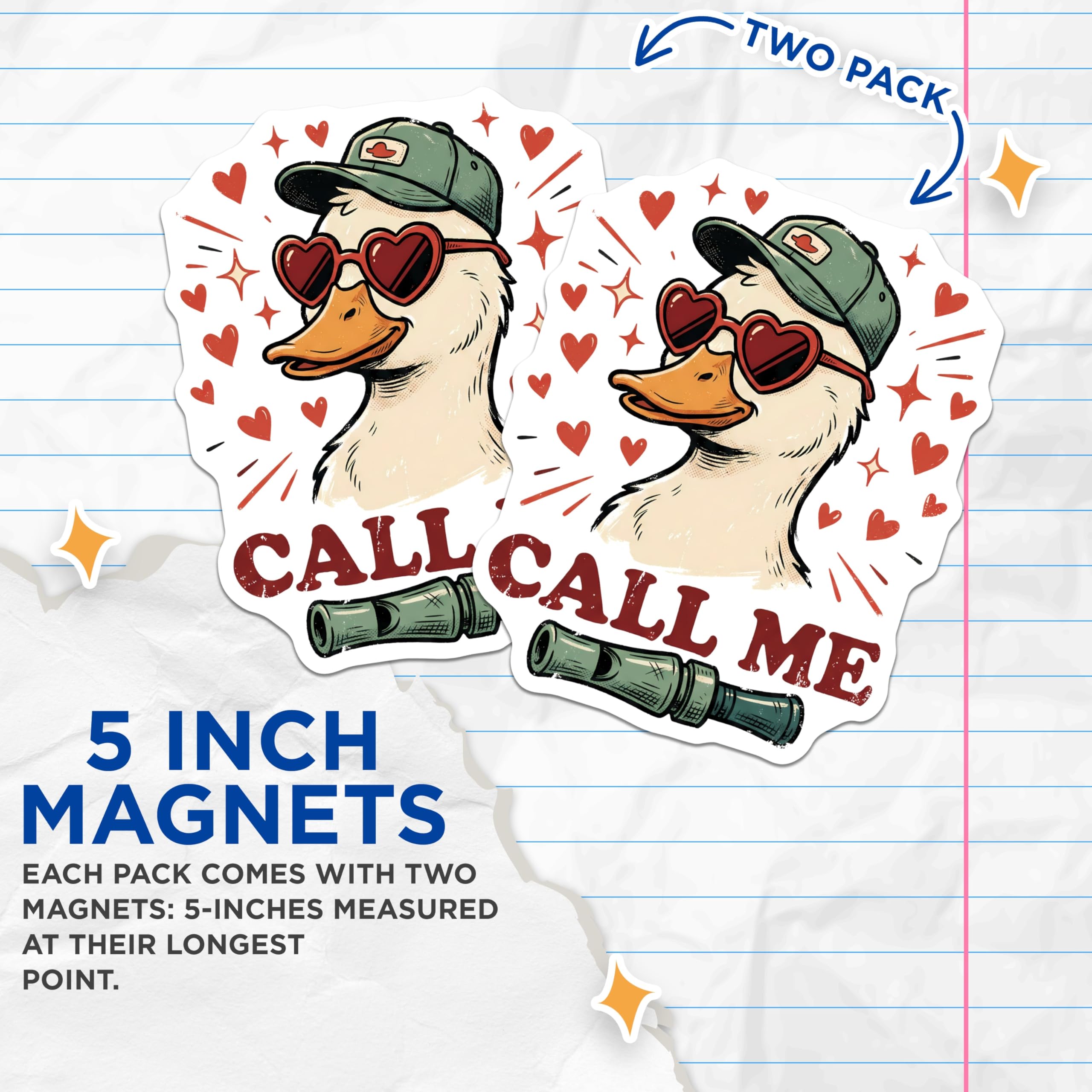 (2 Pack) Call Me Duck Magnets - Funny Duck Hunter - Heart Glasses Duck Design Magnets - 5" On Longest Side - Premium Magnet - for Cars, Refrigerators, Toolboxes, Lockers - Made in USA - MAG14513