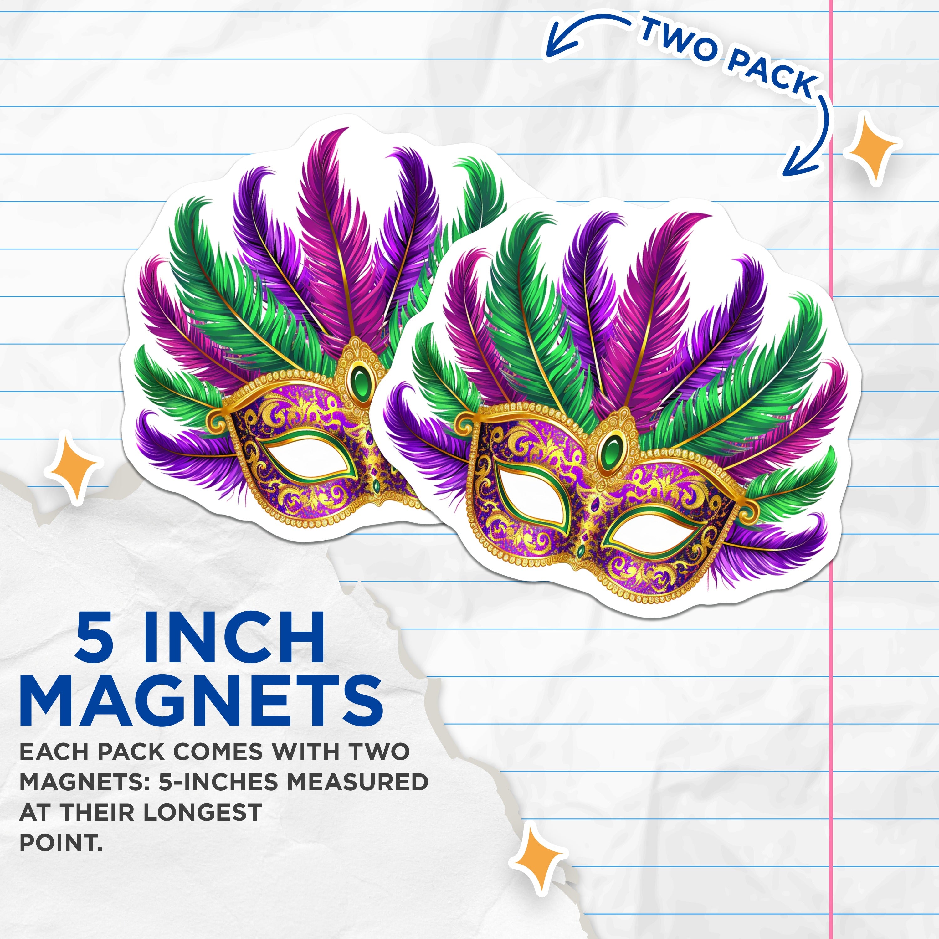 (2 Pack) Mardi Gras Mask Magnets - Carnival Party Decoration - New Orleans Celebration Keepsake - Feathered Festive Decor - 5 Inches On Longest Side - Thick Durable Magnet - Made in USA - MAG37539
