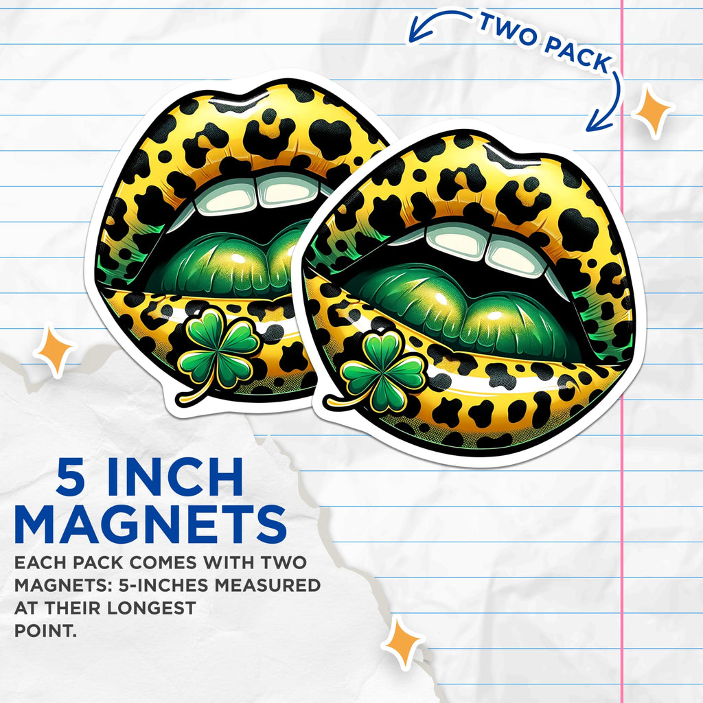 (2 Pack) Leopard Print Lips Magnets - St Patricks Day Decor - Trendy Shamrock Magnets - 5" On Longest Side - Premium Magnet - for Cars, Refrigerators, Toolboxes, Lockers - Made in USA - MAG16677