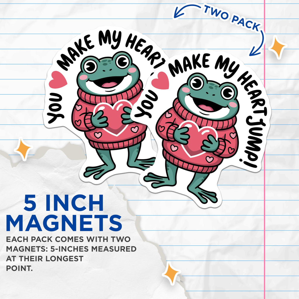 (2 Pack) You Make My Heart Jump Frog Magnets - Valentines Day Romantic Sweetheart Decor - Adorable Amphibian Love Expression - 5 Inches On Longest Side - Thick Durable Magnet - Made in USA - MAG20283