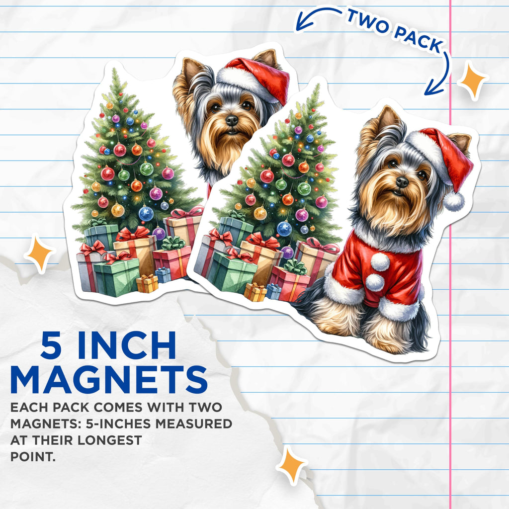 (2 Pack) Christmas Yorkie Magnets - Santa Dog Lover Decor - Holiday Pet Festive Fridge Item - 5 Inches On Longest Side - Thick Durable Magnet - Made in USA - MAG27590